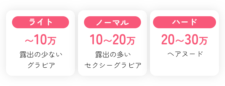 ライト〜10万露出の少ないグラビア,ノーマル10〜20万露出の多いセクシーグラビア,ハード20〜30万ヘアヌード